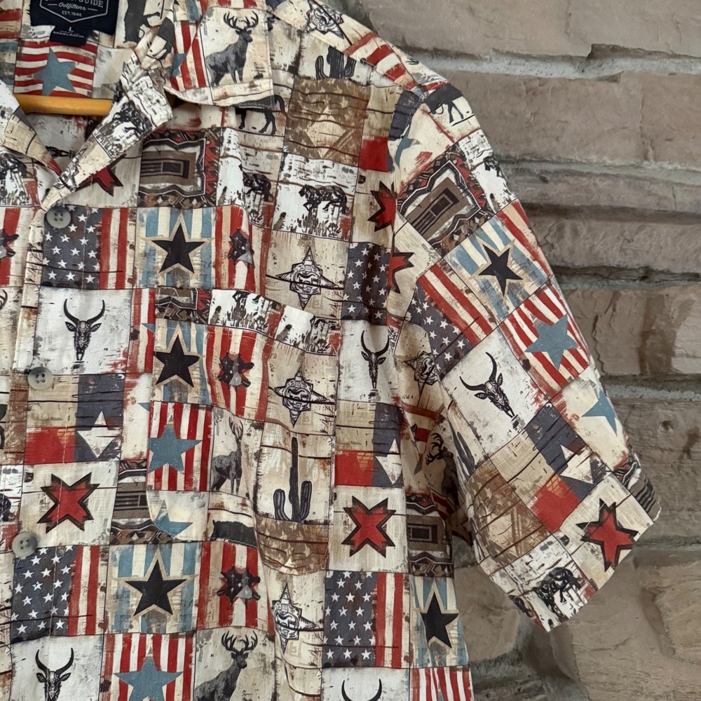 Canyon Guide Outfitters Mens Large Western Americana Flag Longhorn Cotton Shirt